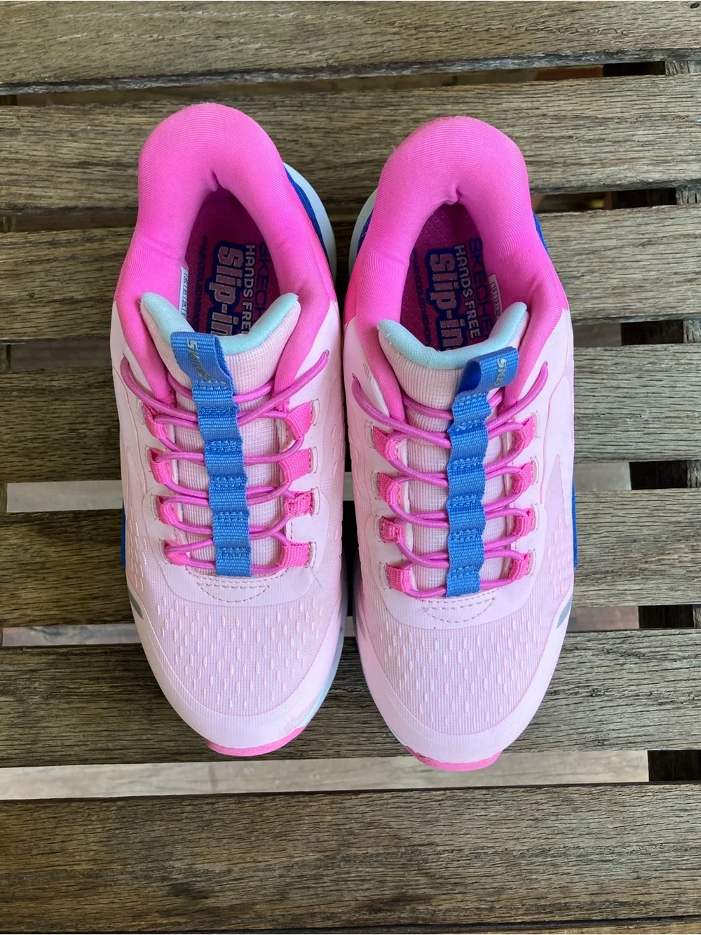 Skechers Pink Slip-On Athletic Sneakers with Blue Tongue Detail